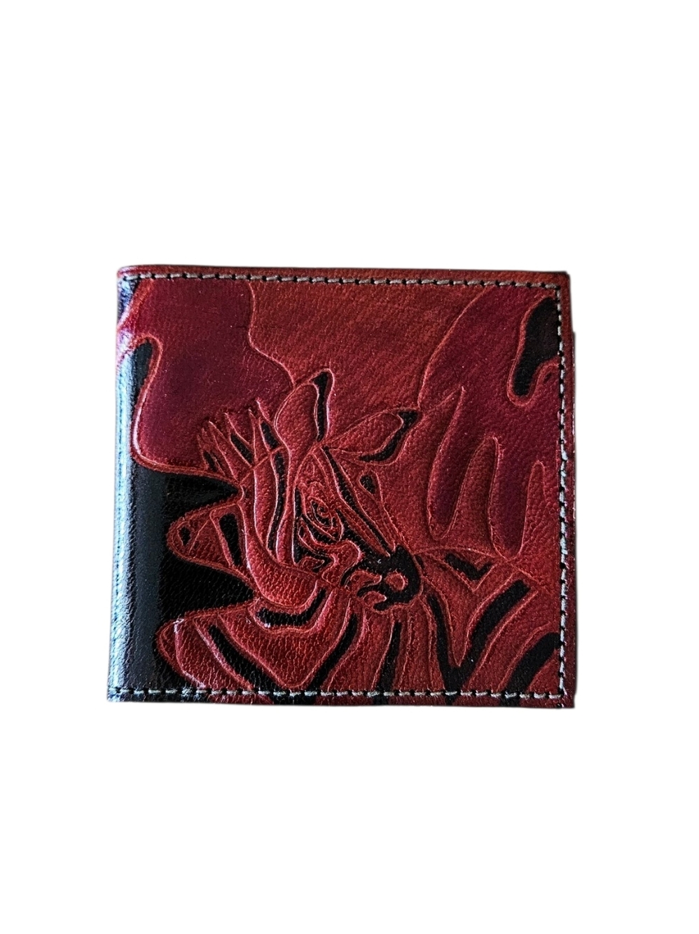 Vintage Small Red Leather Wallet Zebra Black Stripes Hand Tooled